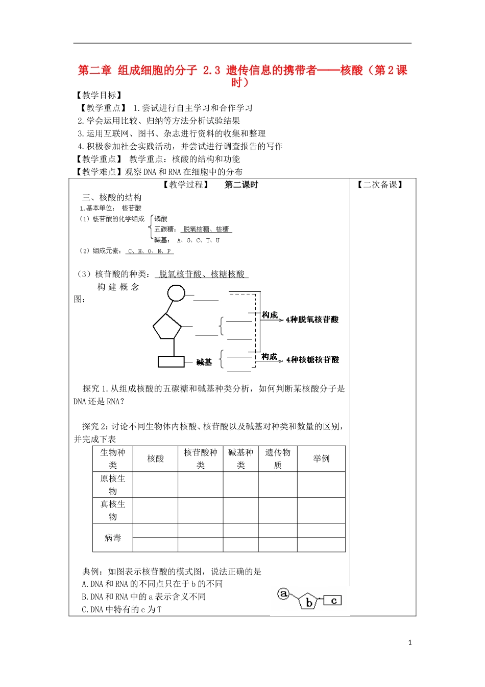 高中生物第二章组成细胞的分子遗传信息的携带者──核酸时教案新人教必修_第1页