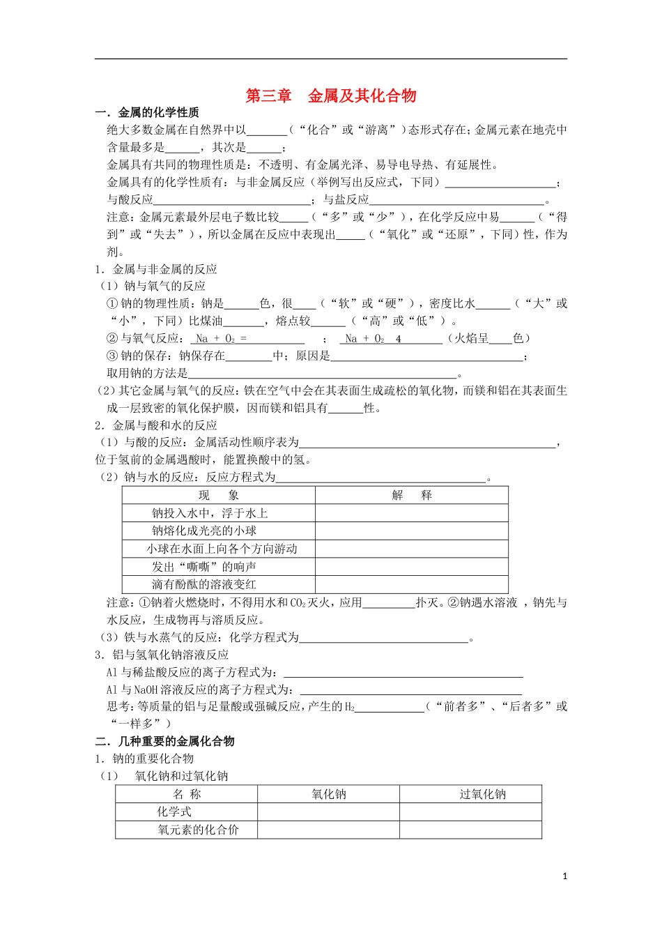 高中化学第三章金属及其化合物复习学案新人教必修_第1页