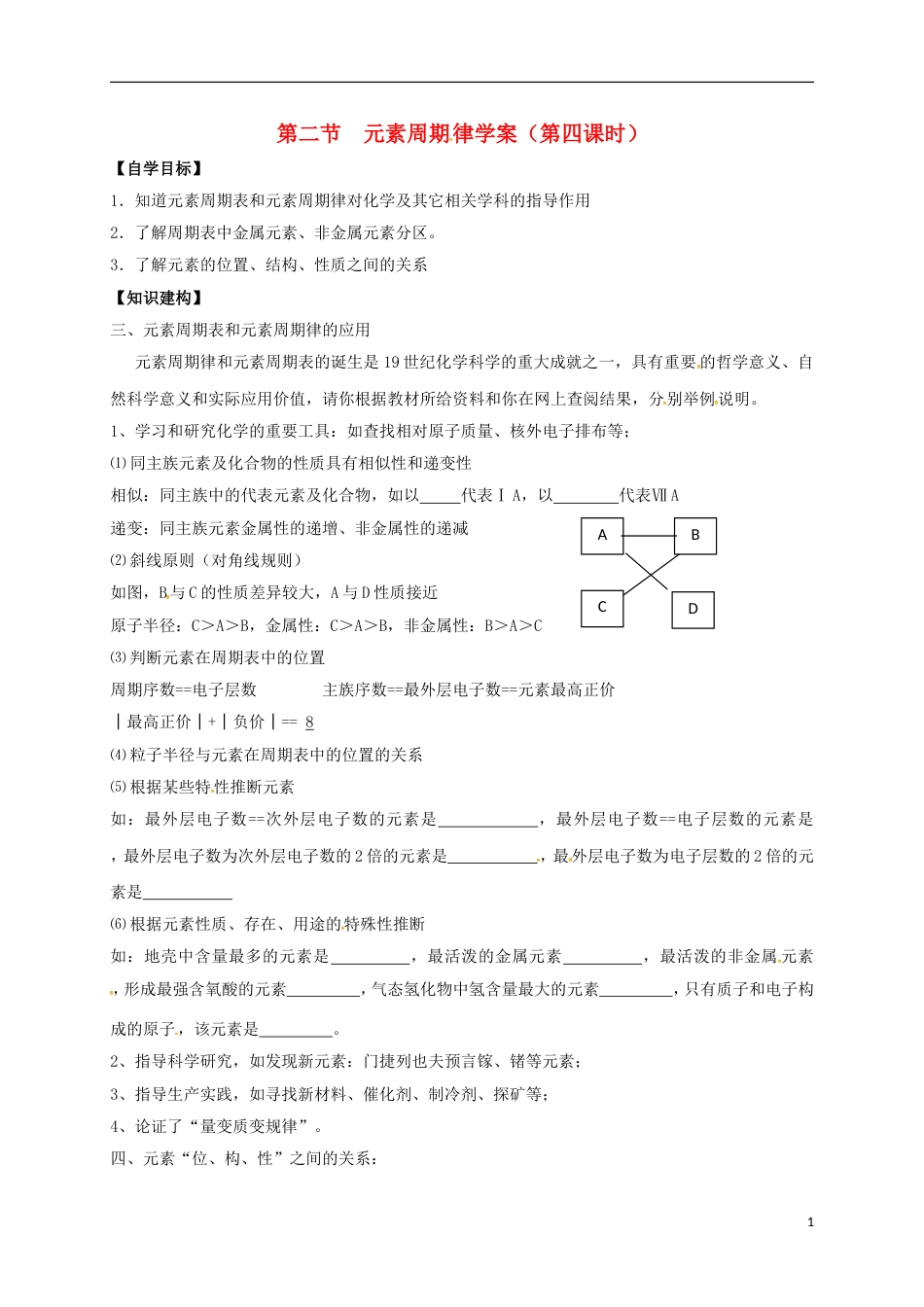 高中化学第一章物质结构元素周期律元素周期律学案第四课时学案新人教必修_第1页