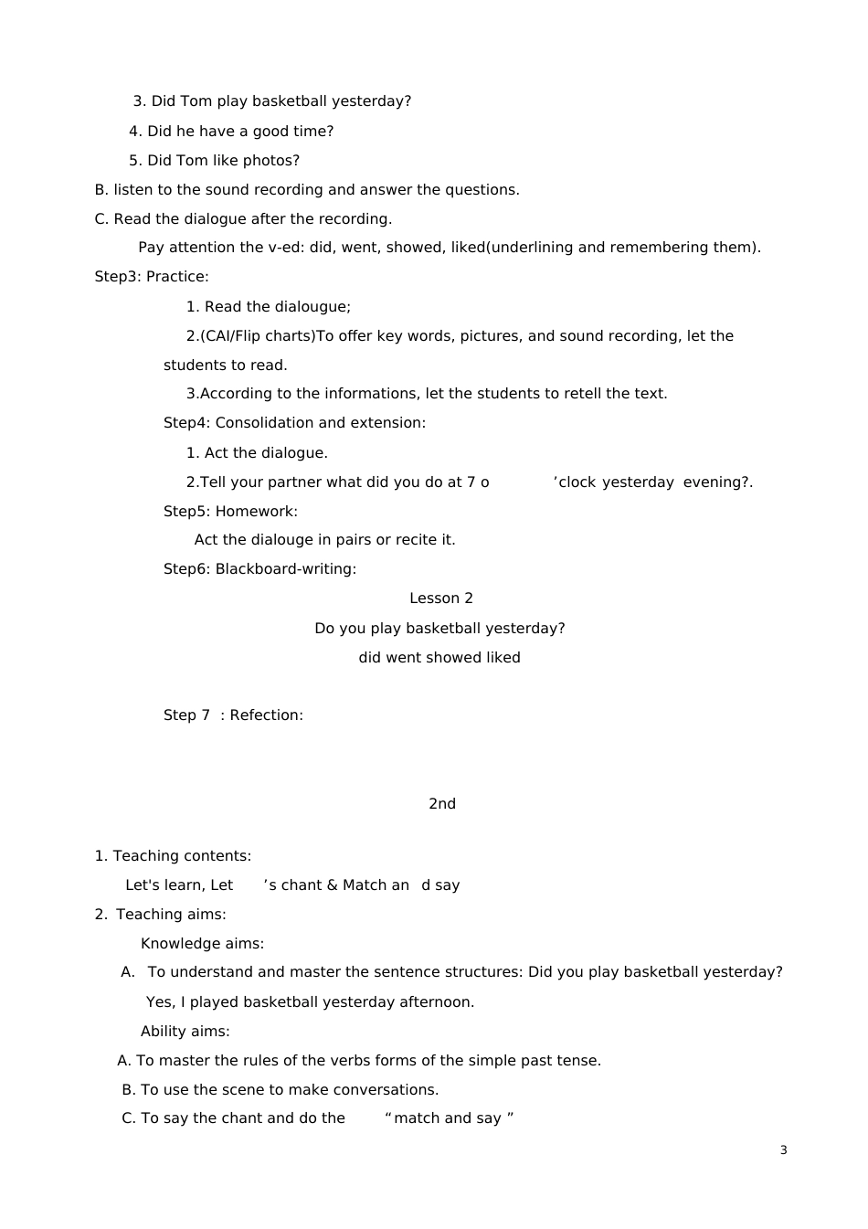 2016春六年级英语下册Lesson2《Didyouplaybasketballyesterday》教案科普版_第3页