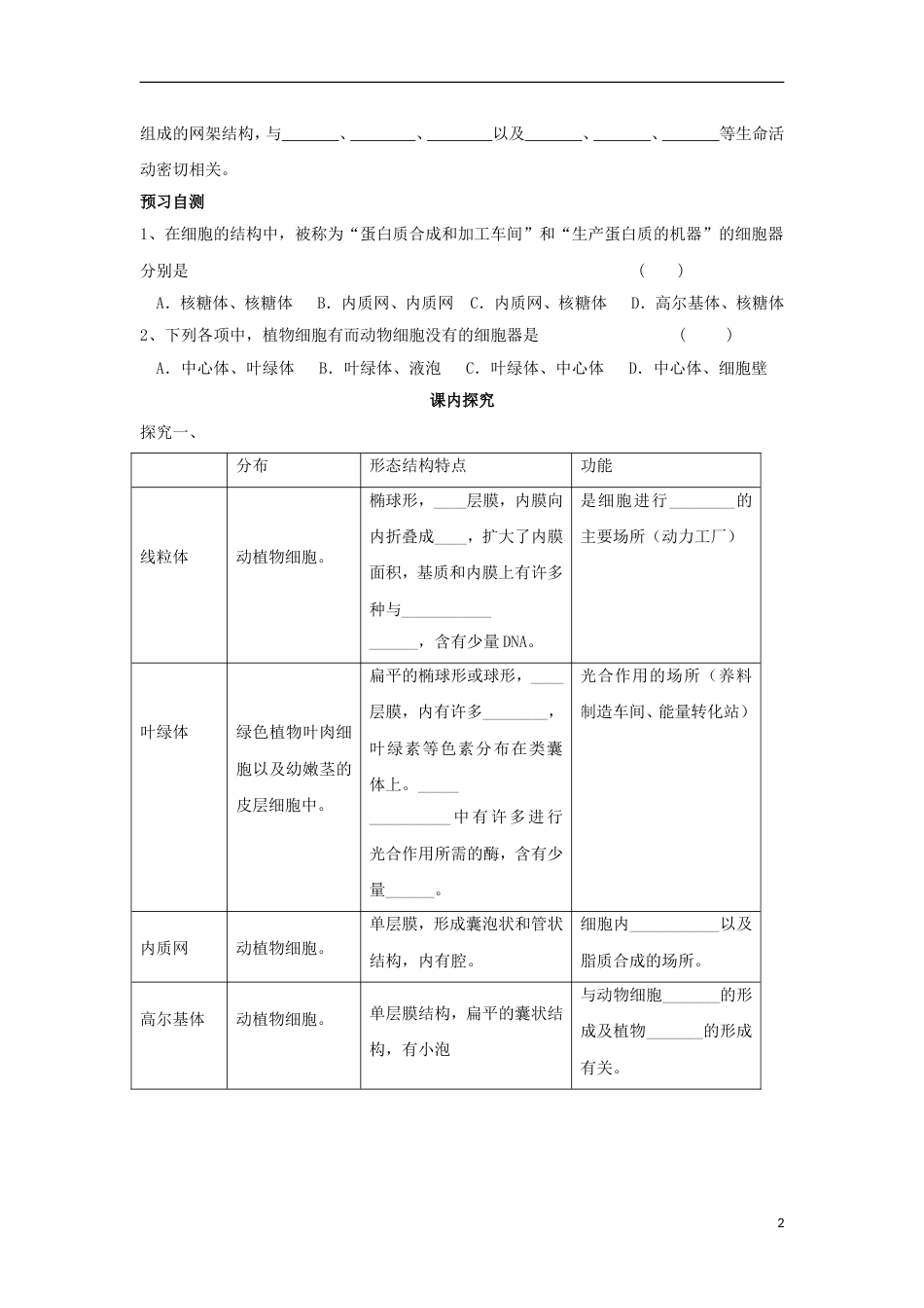 高中生物第三章细胞的基本结构细胞器系统内的分工导学案新人教版必修_第2页