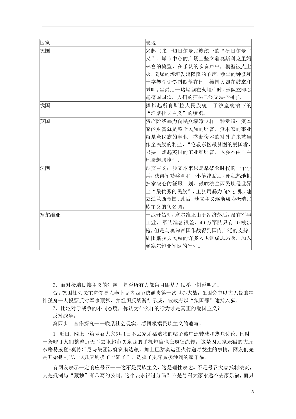 高中历史第一单元第一次世界大战第4课综合探究：极端民族主义与战争学案岳麓版选修3_第3页