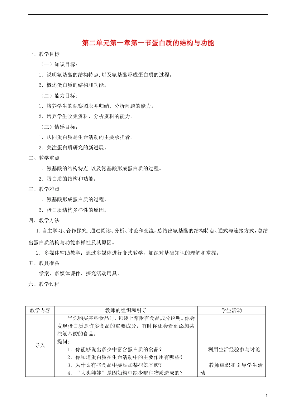 高中生物第二单元细胞的自我保障第一章细胞中的蛋白质第1节蛋白质的结构与功能教学设计中图版必修1_第1页