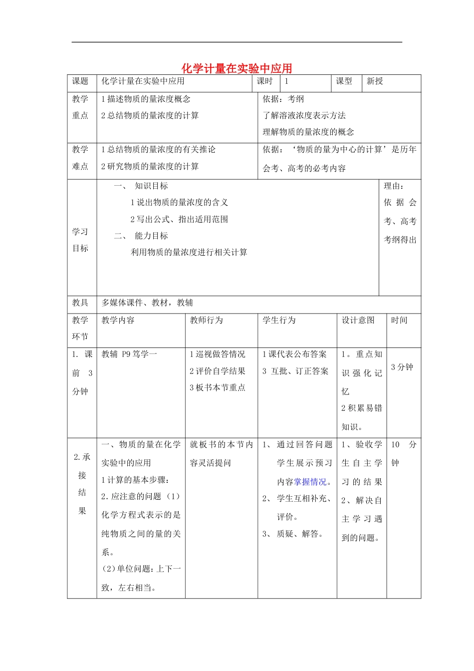 高中化学第一章从实验学化学物质的量实验中应用时教案新人教必修_第1页