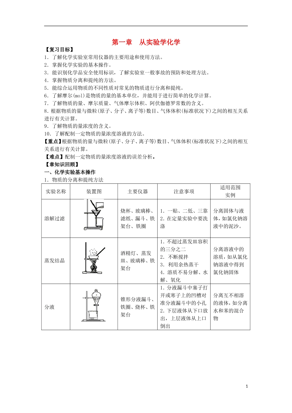 高中化学第一章从实验学化学复习学案新人教必修_第1页