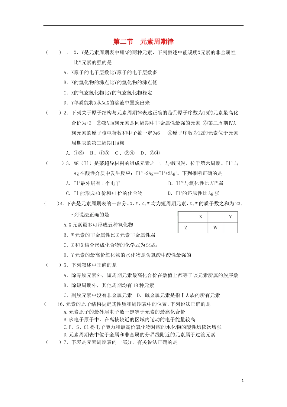 高中化学第一章物质结构元素周期律元素周期律二练习新人教必修_第1页