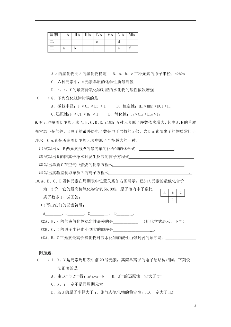 高中化学第一章物质结构元素周期律元素周期律二练习新人教必修_第2页