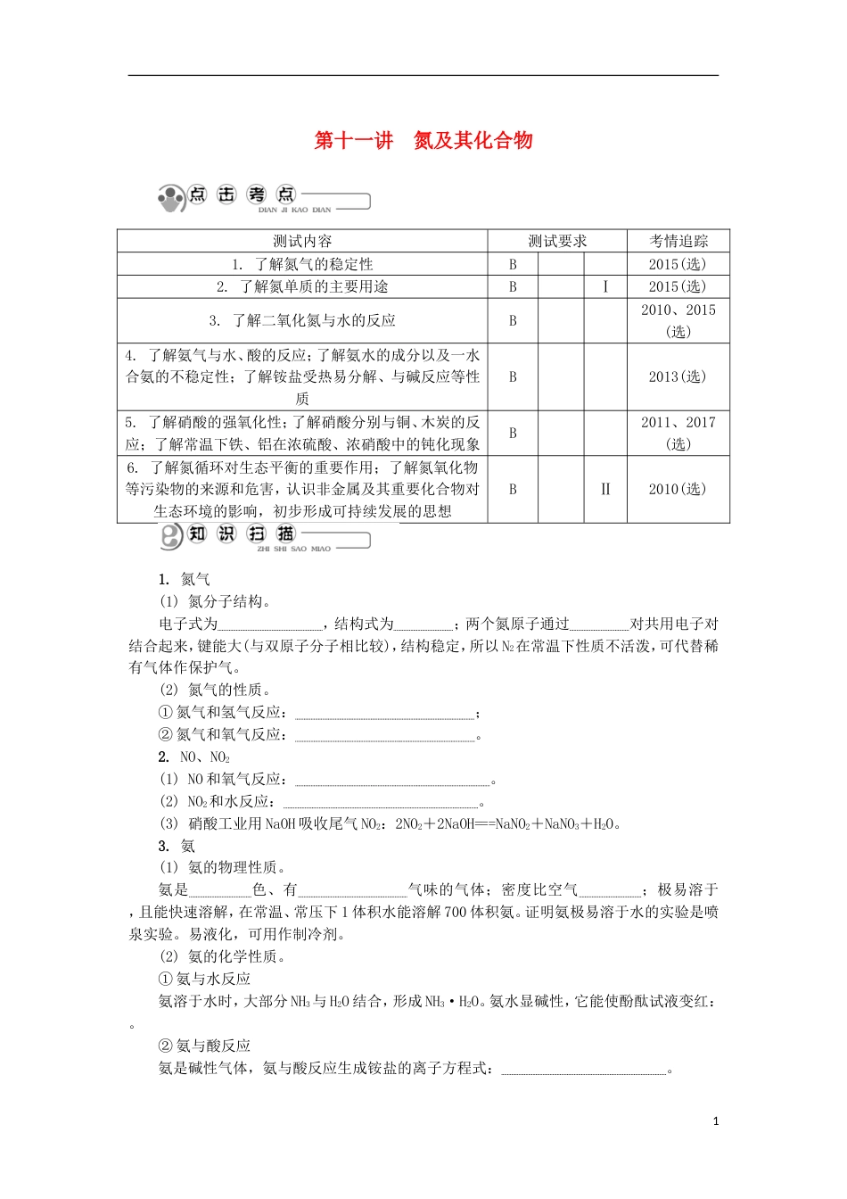 高中化学第十一讲氮及其化合物学业水平测试新人教必修_第1页