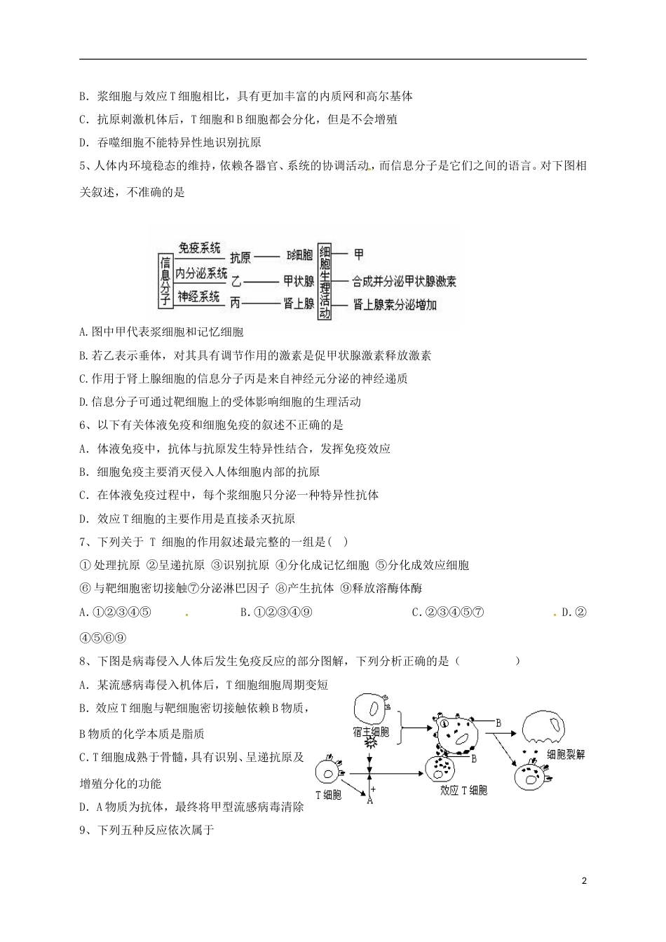 高中生物第二章动物和人体生命活动的调节2.4免疫调节复习题必修3_第2页