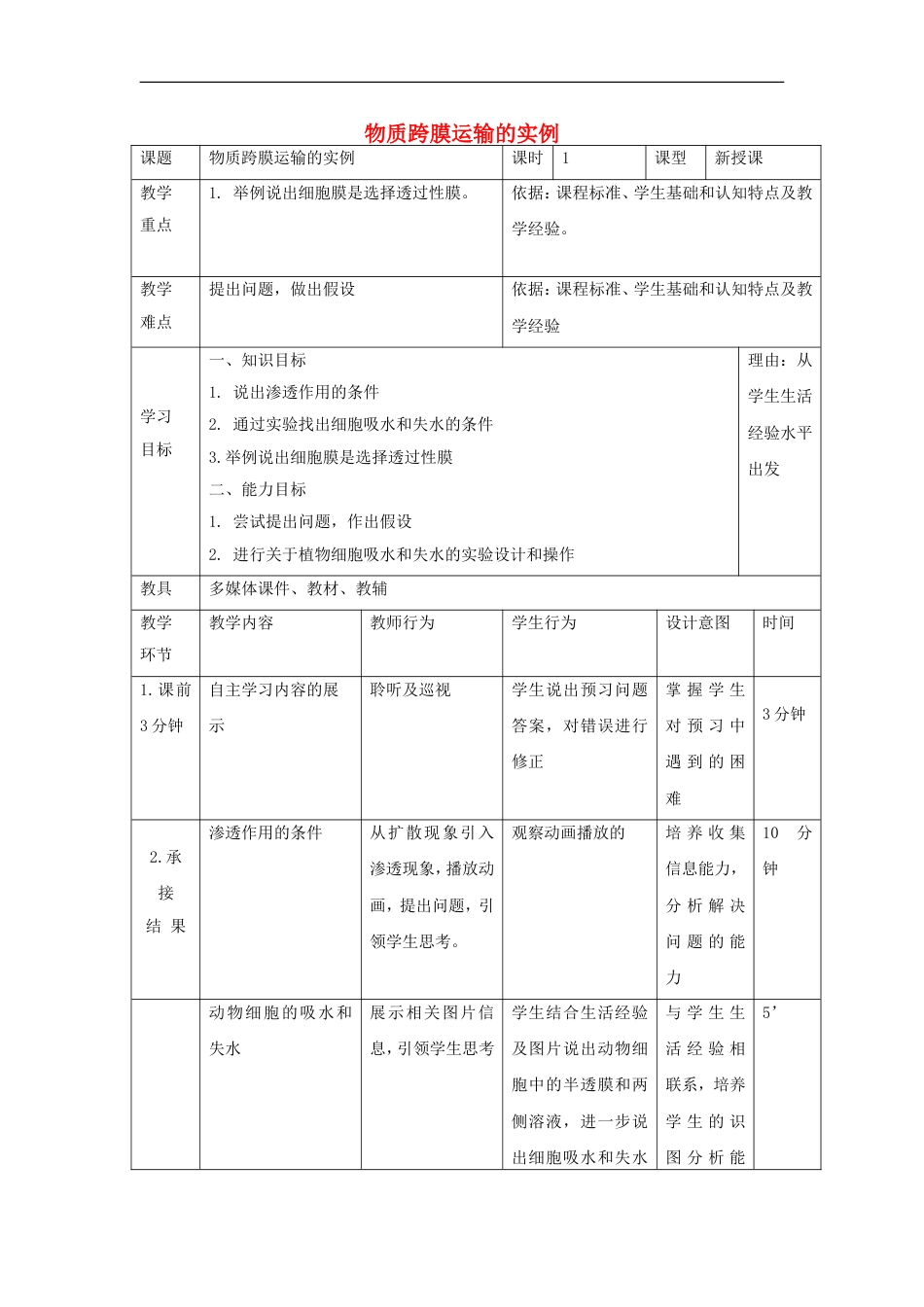 高中生物第四章细胞的物质输入和输出物质跨膜运输的实例教案新人教版必修_第1页