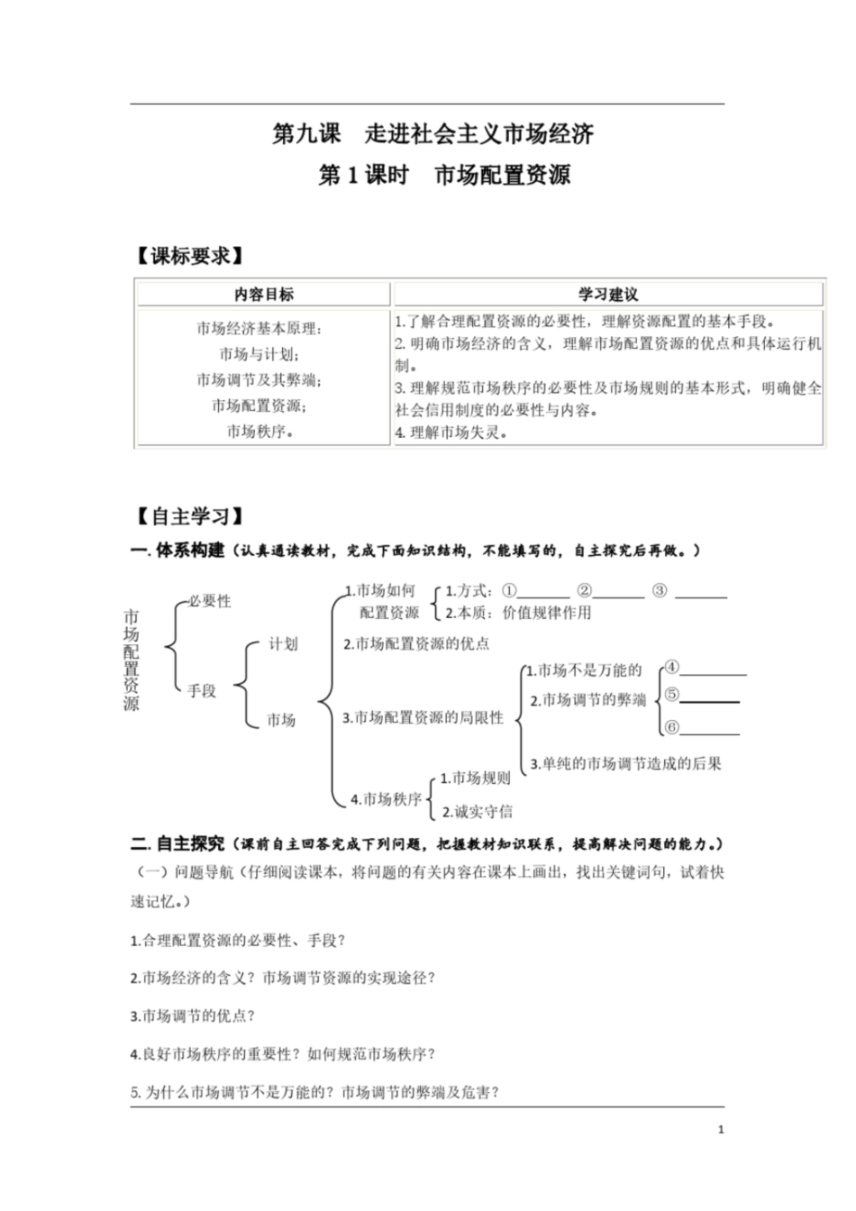 高中政治必修一经济生活《第九课走进社会主义市场经济》导学案及答案_第1页