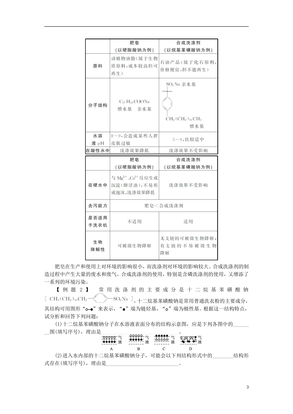 高中化学第四单元化学与技术的发展课题表面活性剂精细化学品学案新人教版选修_第3页