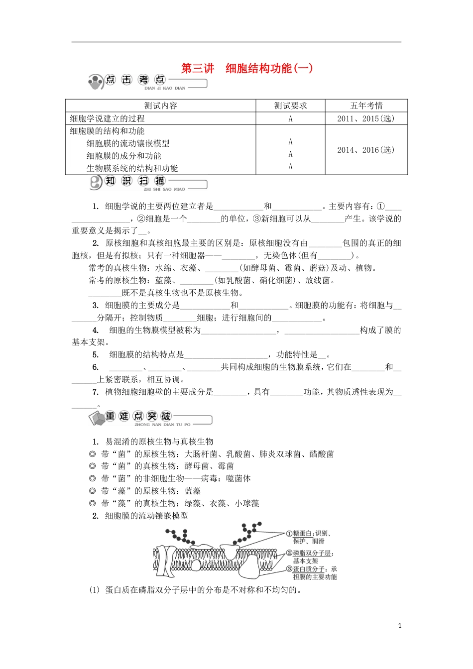 高中生物第三讲细胞结构功能一学案苏教必修_第1页