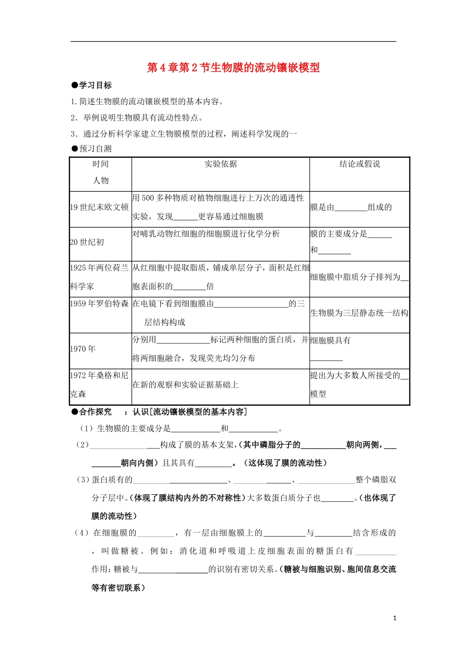 高中生物第四章细胞的物质输入和输出生物膜的流动镶嵌模型学案新人教必修_第1页