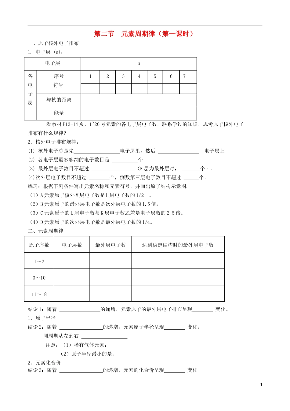 高中化学第一章物质结构元素周期律第二节元素周期律学案新人教版必修_第1页