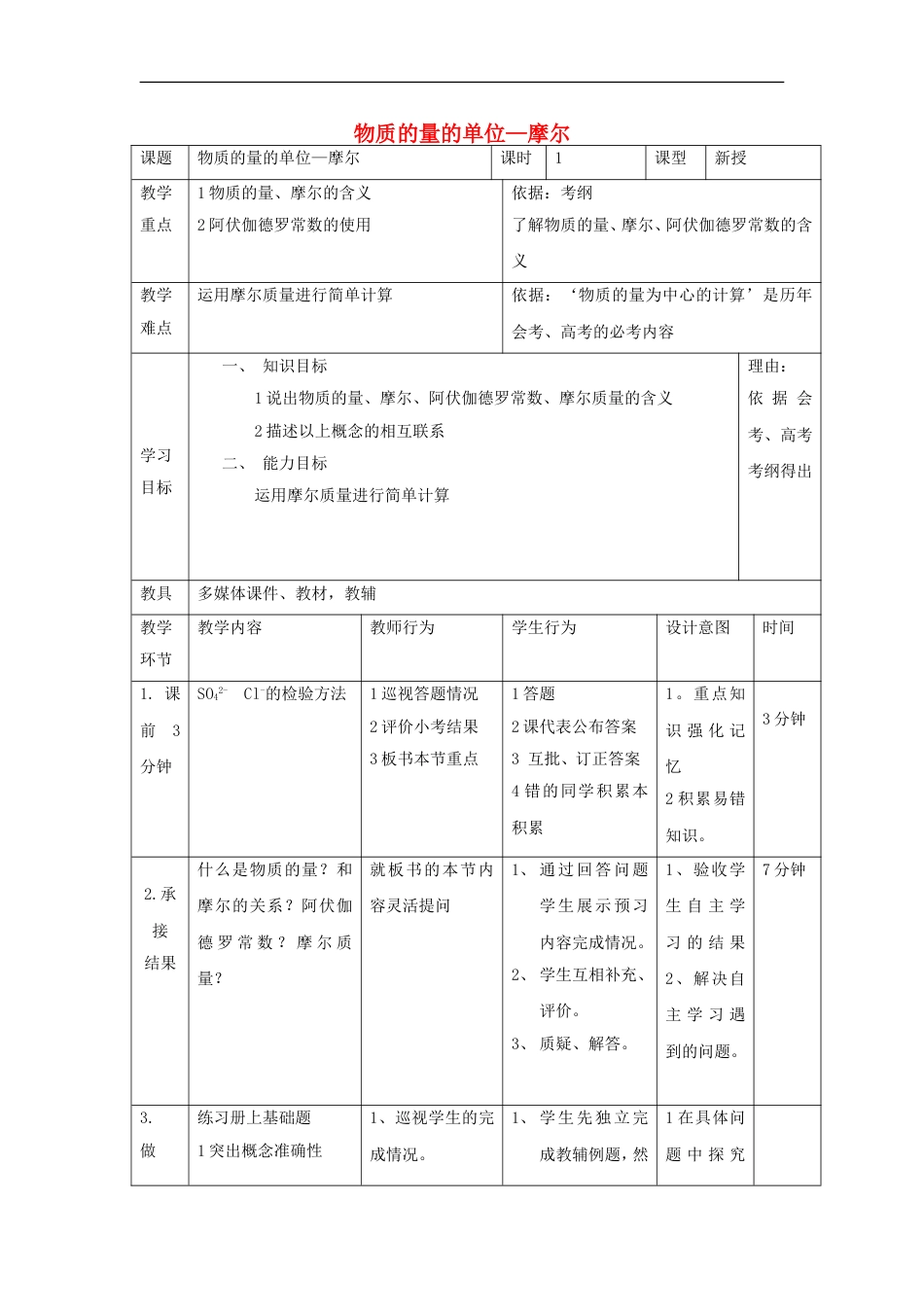 高中化学第一章从实验学化学物质的量的单位摩尔时教案新人教必修_第1页