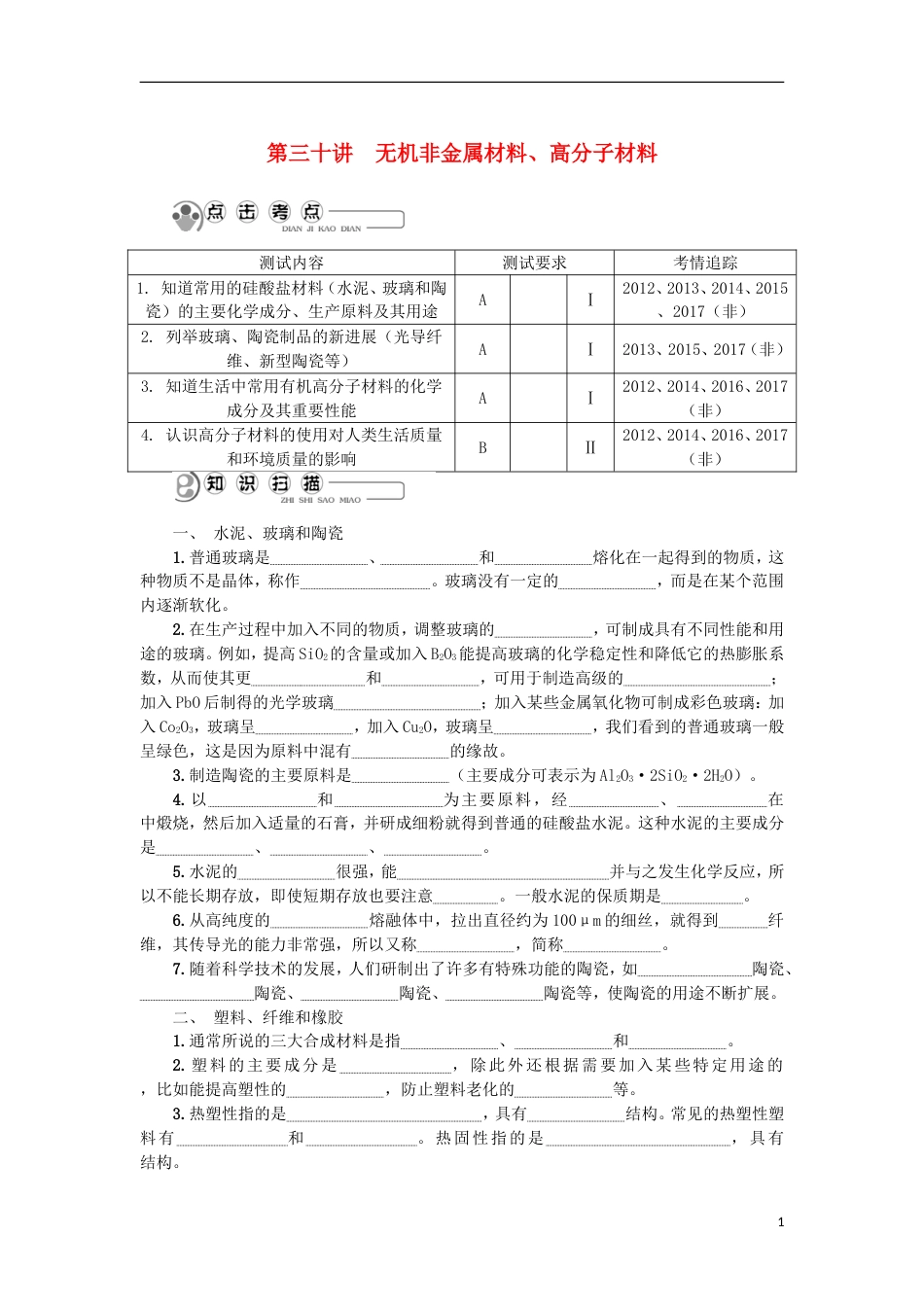高中化学第三十讲无机非金属材料高分子材料学业水平测试新人教选修_第1页