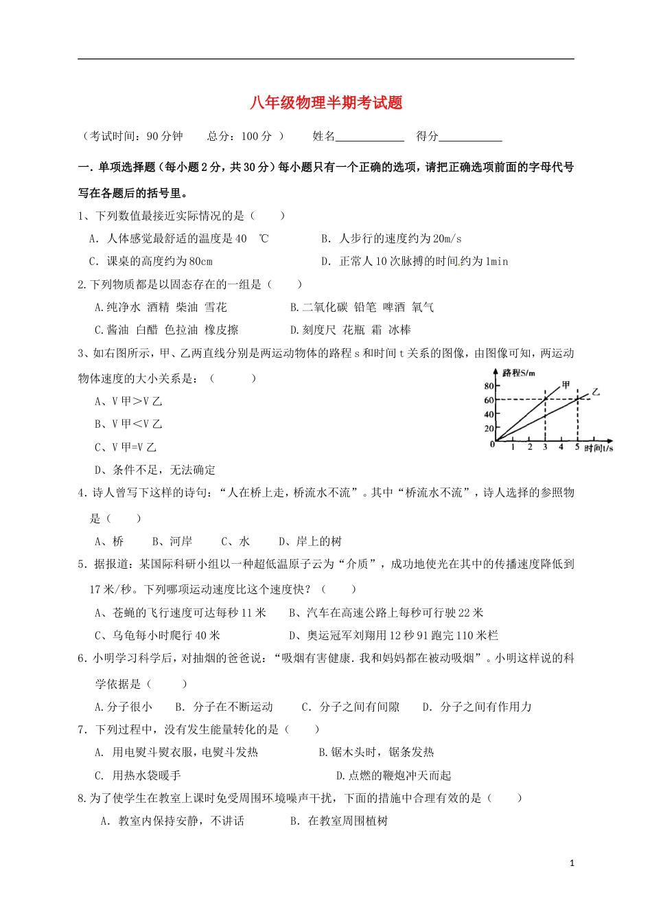 高新石板凳学八年级物理上学期期中试题新人教_第1页