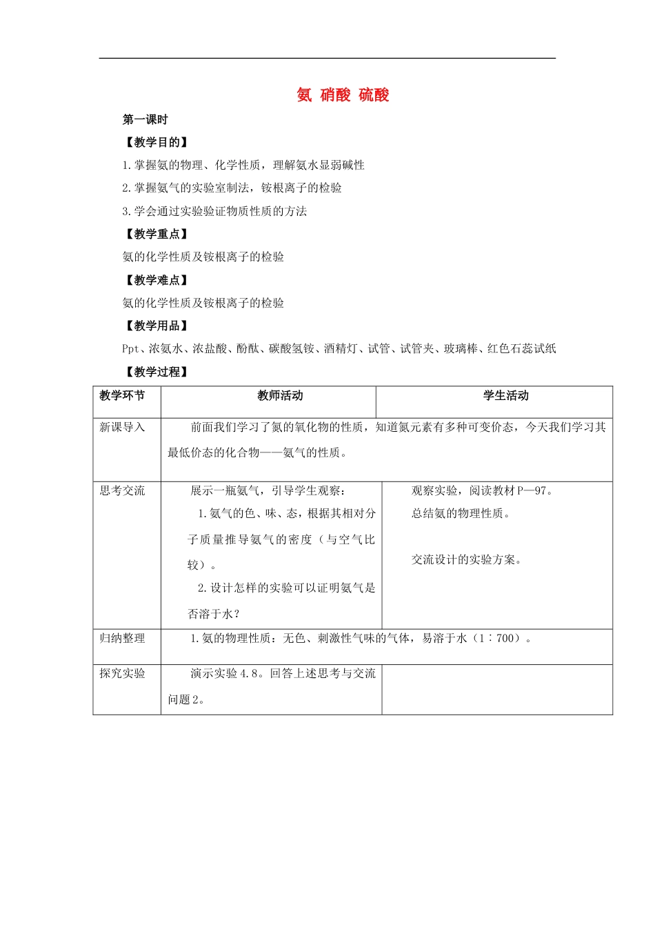 高中化学第四章非金属及其化合物44氨硝酸硫酸第1课时氨教案4新人教必修1_第1页