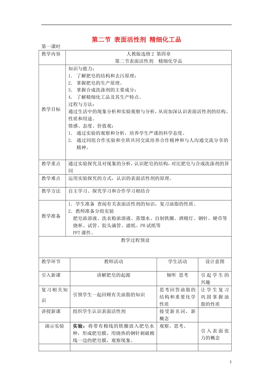高中化学第四单元化学与技术的发展课题表面活性剂精细化学品时教案新人教选修_第1页