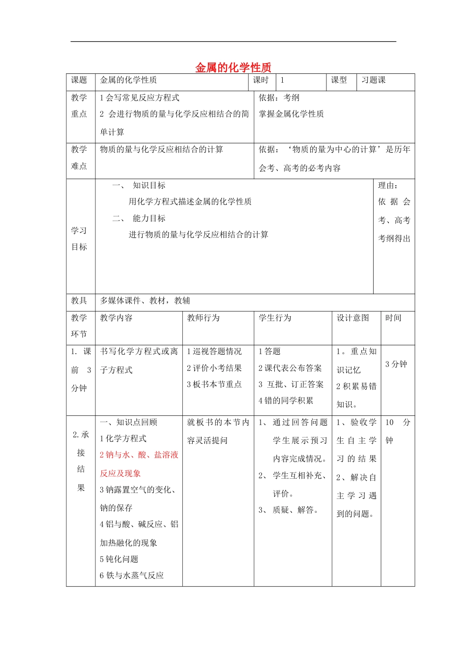 高中化学第三章金属及其化合物金属的化学性质习题课教案新人教必修_第1页