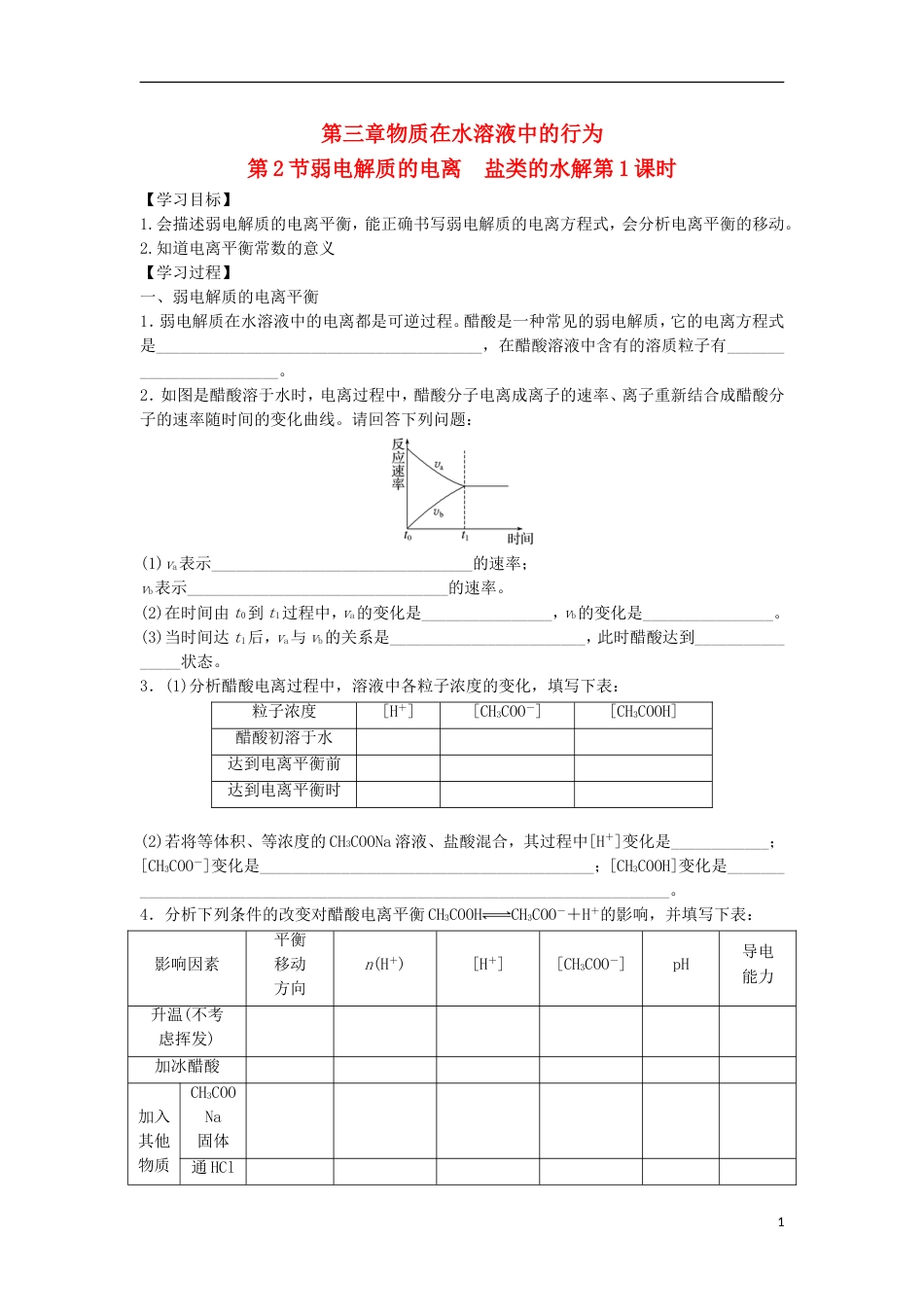 高中化学第三章物质在水溶液中的行为第为第弱电解质的电离盐类的水解时导学案鲁科版选修_第1页