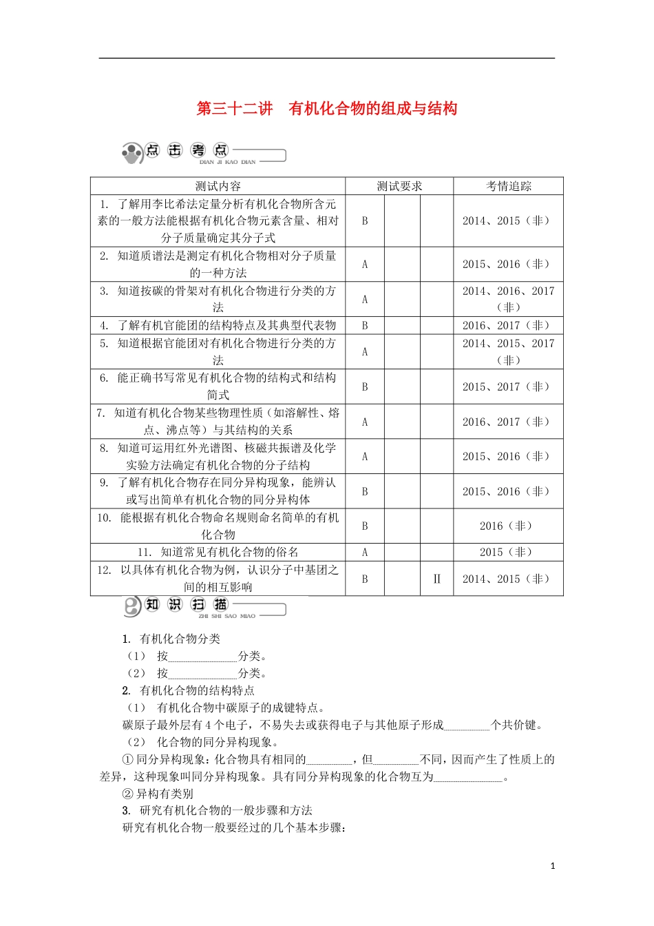 高中化学第三十二讲有机化合物的组成与结构学业水平测试新人教选修_第1页