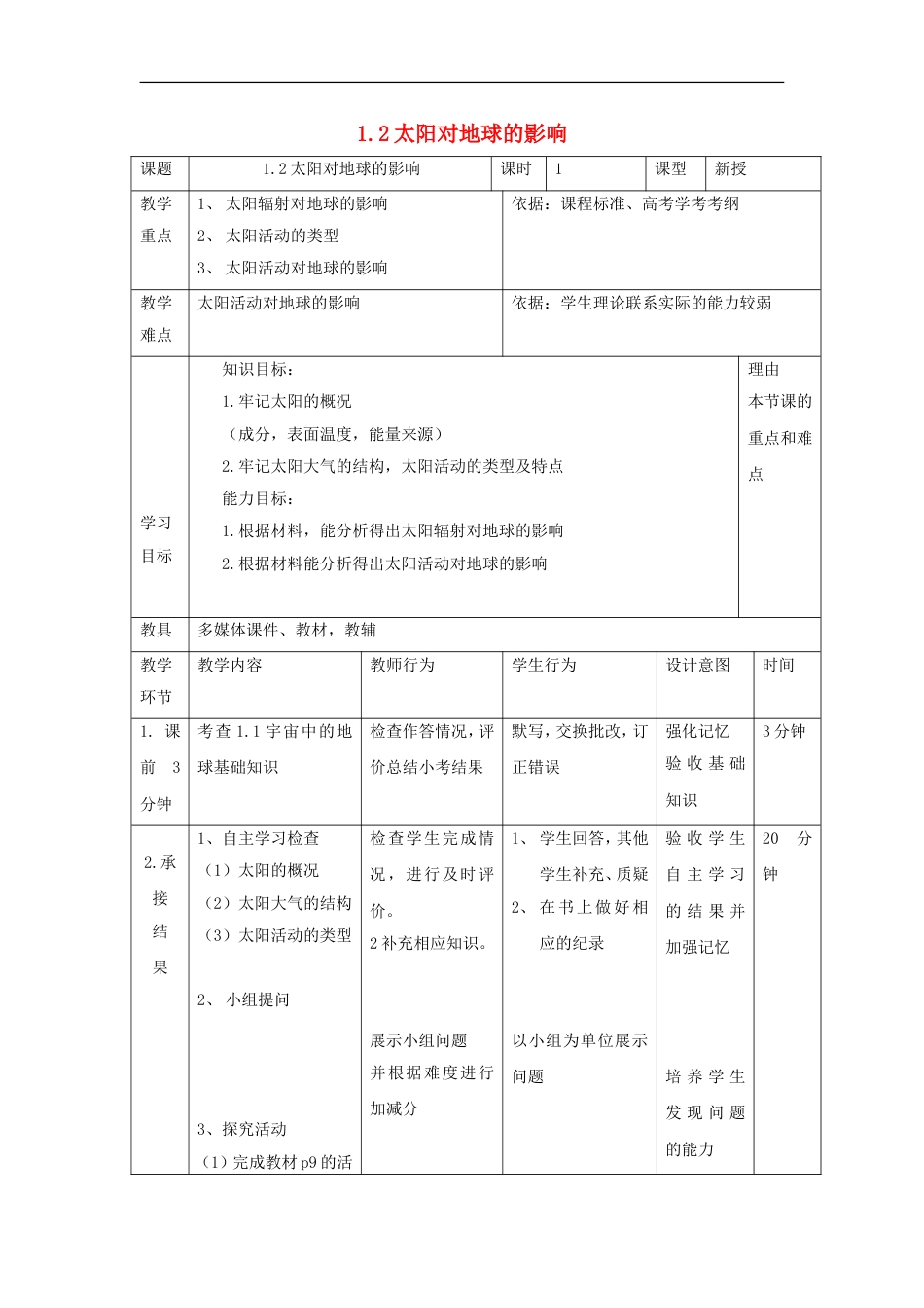 高中地理第一章行星地球太阳对地球的影响时教案新人教版必修_第1页