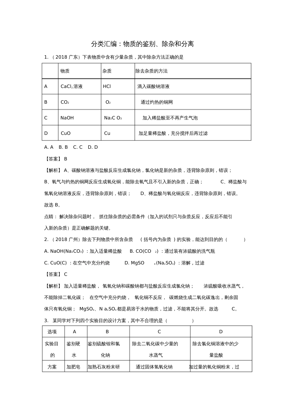 2018中考化学题分类汇编物质的鉴别、分离和除杂(含解析)_第1页