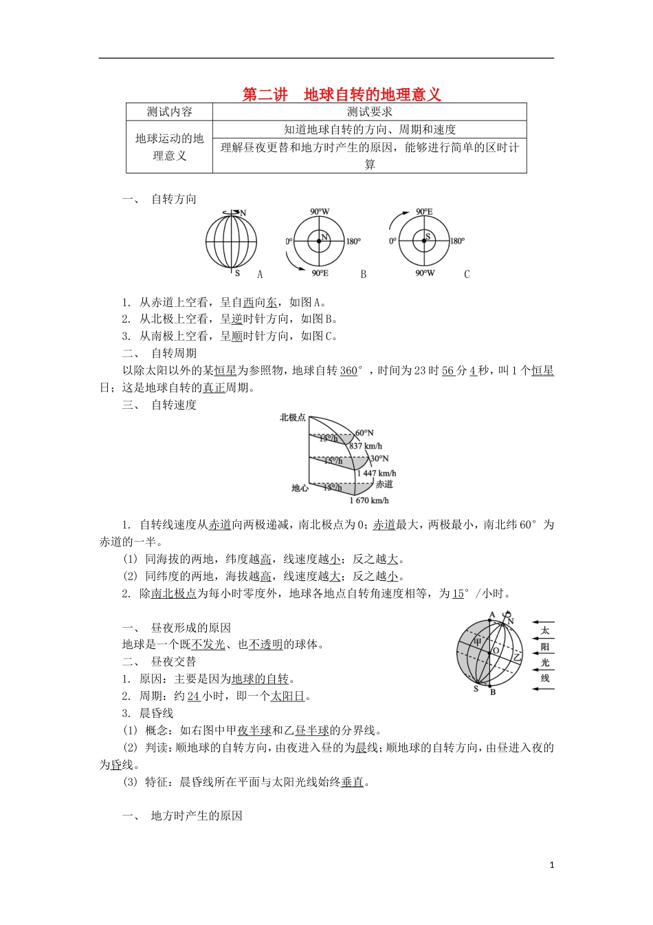 高中地理第二讲地球自转的地理意义学业水平测试新人教_第1页