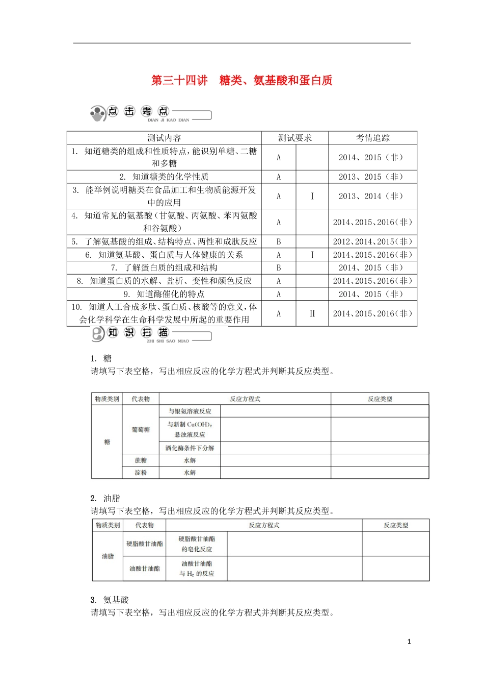 高中化学第三十四讲糖类氨基酸和蛋白质学业水平测试新人教选修_第1页