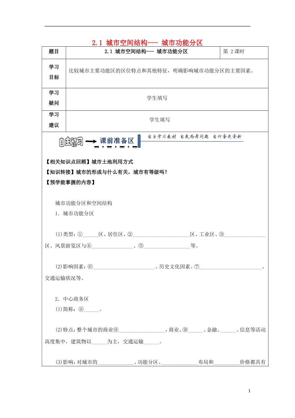 高中地理第二章城与环境城空间结构城功能分学案湘教必修_第1页