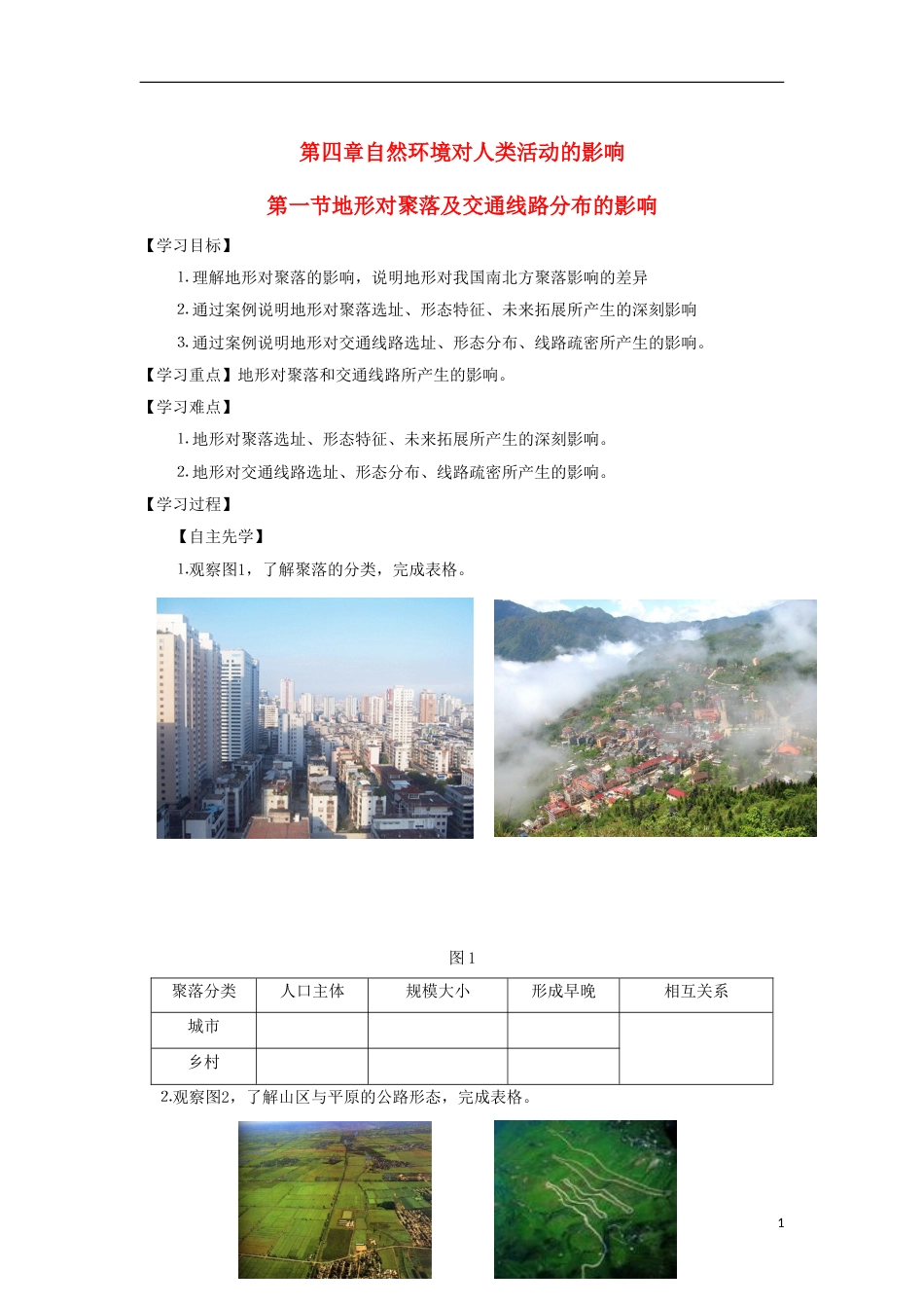 高中地理第四章自然环境对人类活动的影响地形对聚落及交通线路分布的影响导学案湘教必修_第1页