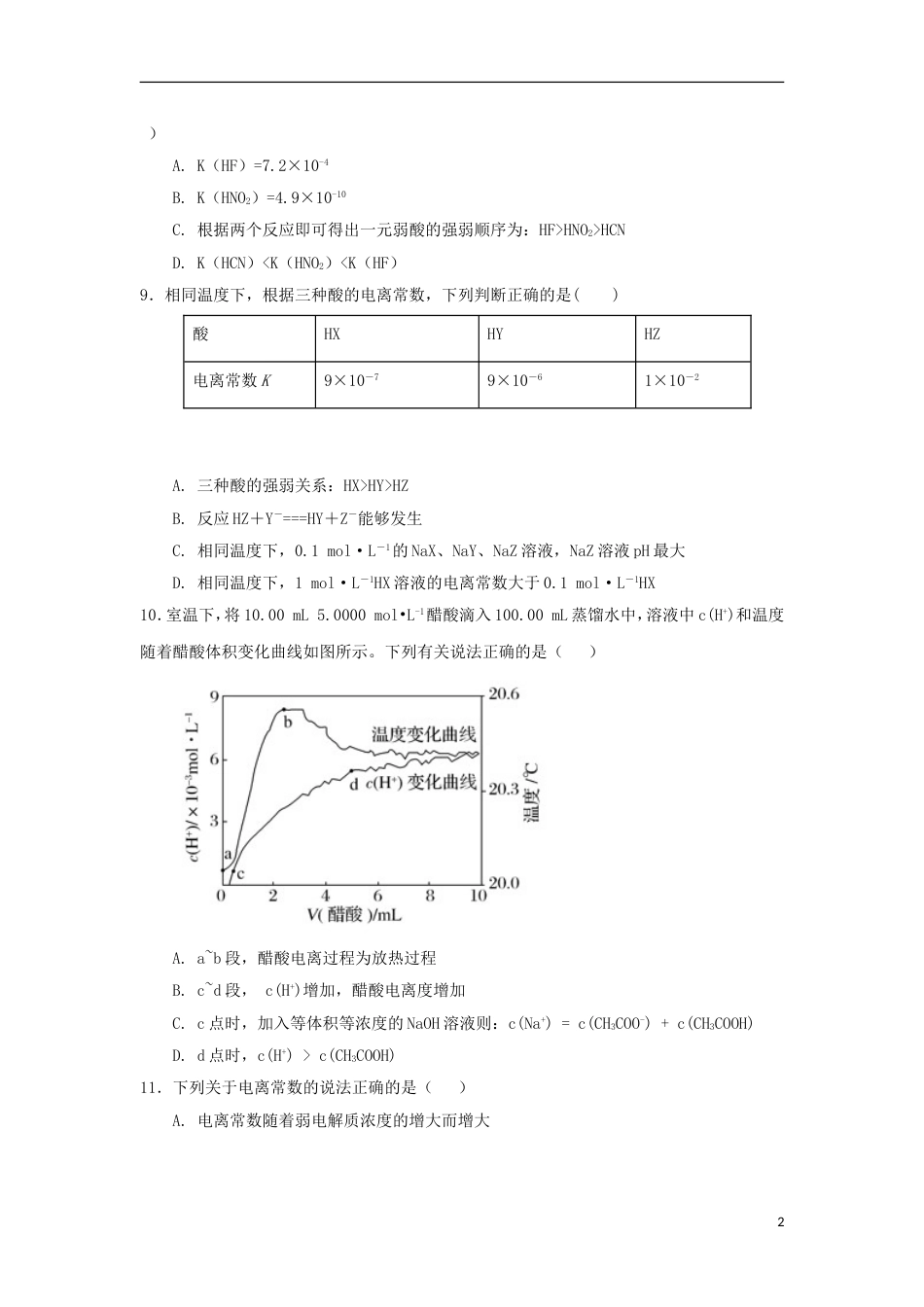 高中化学第三章物质在水溶液中的行为第为第弱电解质的电离盐类的水解时测试题鲁科版选修_第2页
