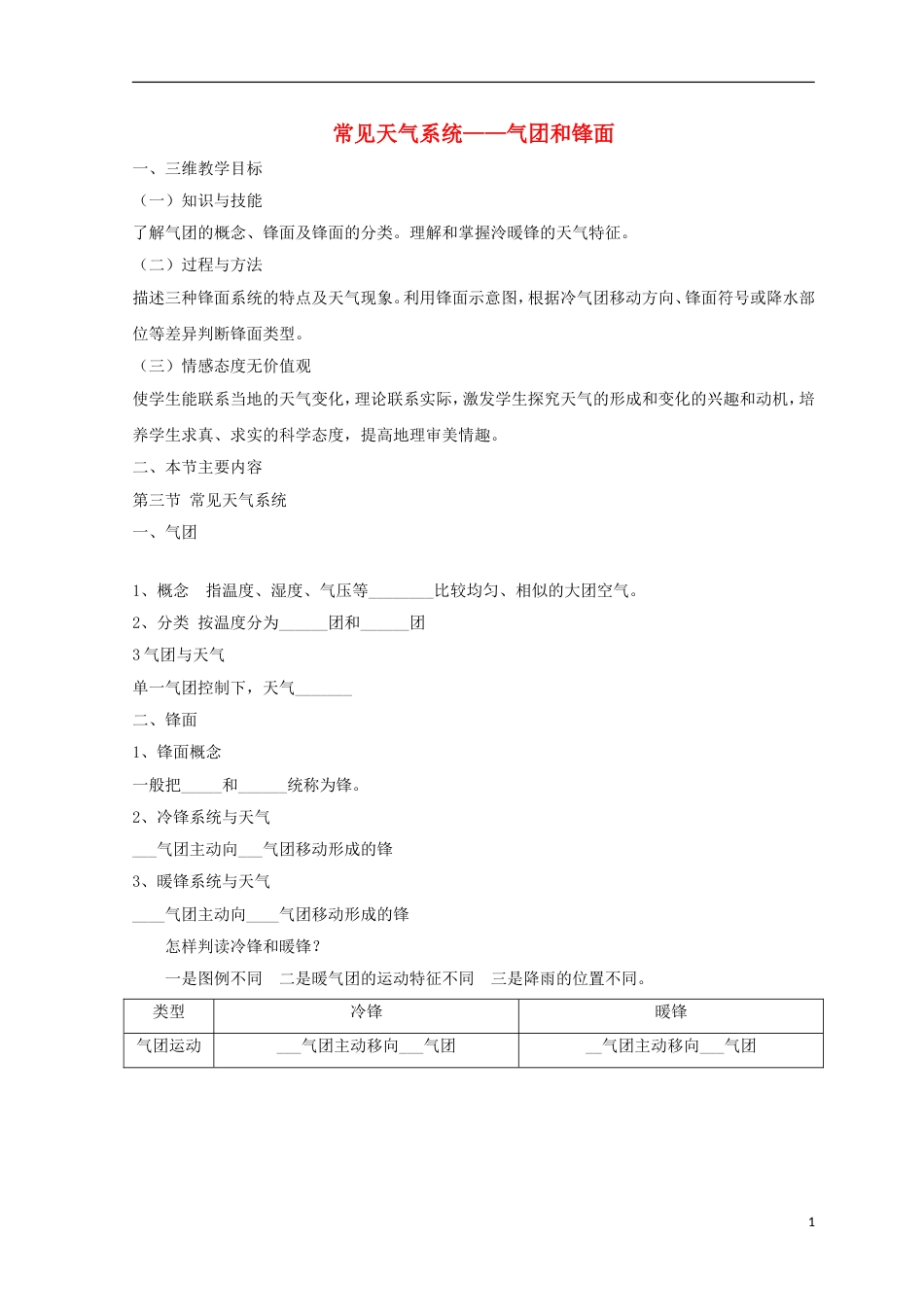 高中地理第二章地球上的大气常见天气系统时学案新人教必修_第1页