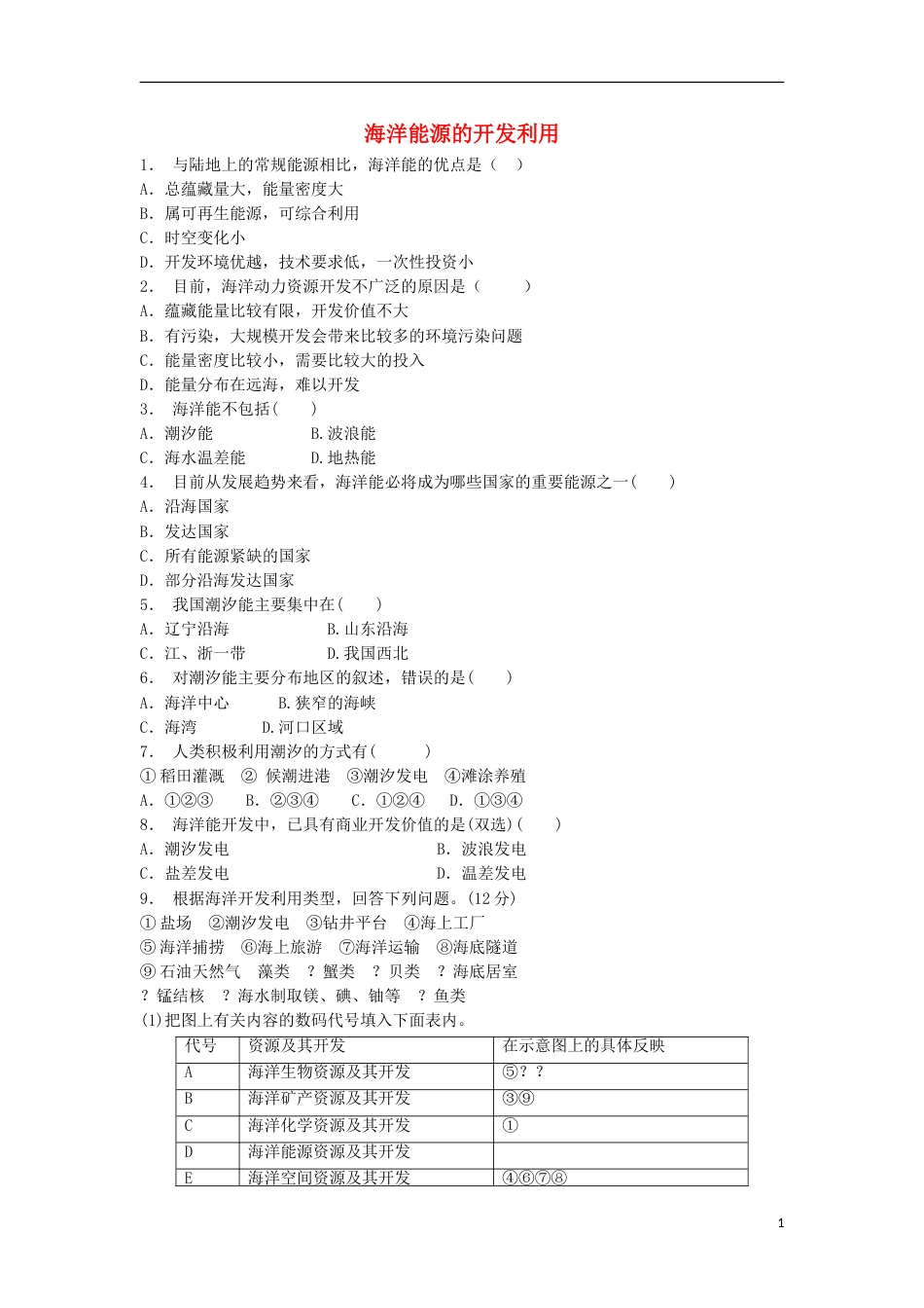 高中地理总复习海洋能源的开发利用练习新人教_第1页