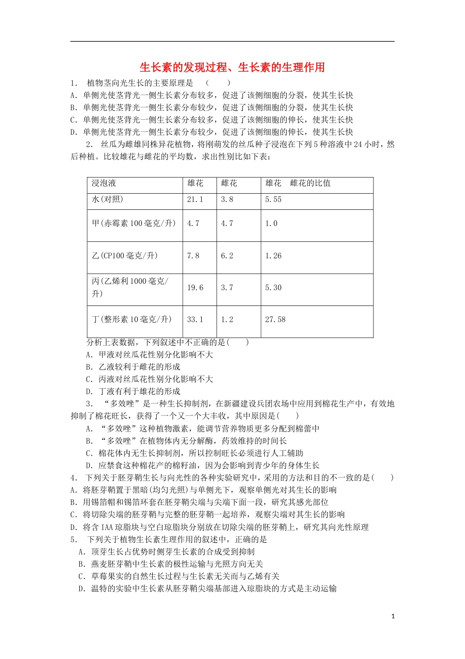 高中生物第三章植物的激素调节植物生长素的发现生长素的发现过程生长素的生理作用练习题新人教版必修_第1页