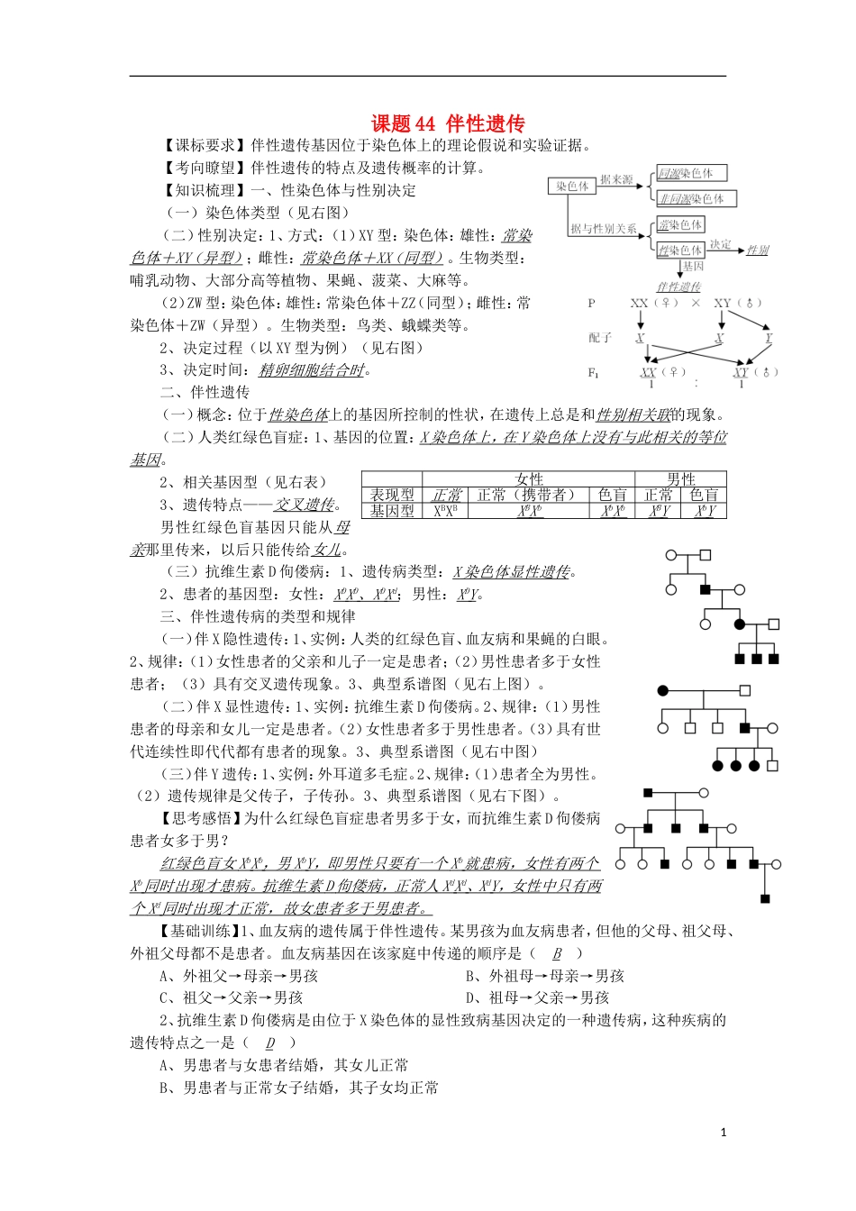 高中生物44伴性遗传讲练中图版必修1_第1页