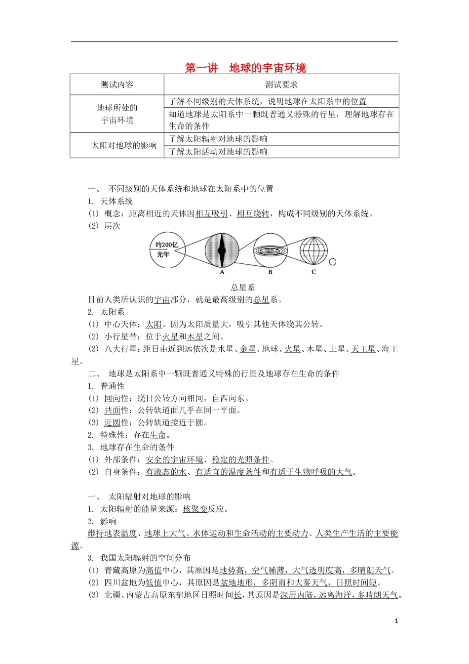 高中地理第一讲地球的宇宙环境学业水平测试新人教_第1页