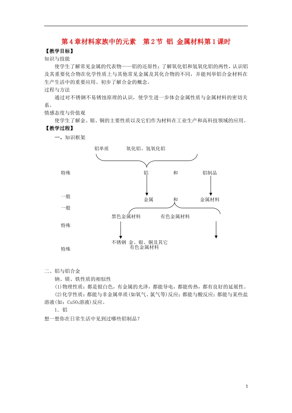 高中化学第章材料家族中的元素第节铝金属材料时教学设计鲁科版必修_第1页