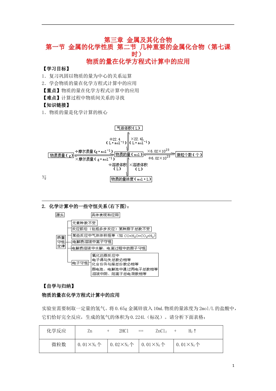 高中化学第三章金属及其化合物第一节金属的化学性质时物质的量在化学方程式计算中的应用学案新人教必修_第1页