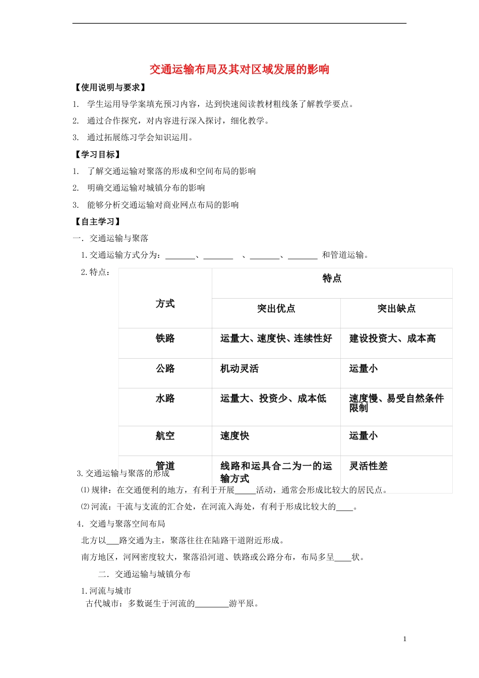 高中地理第三章域产业活动3.4交通运输布局及其对域经济发展的影响导学案湘教版必修2_第1页