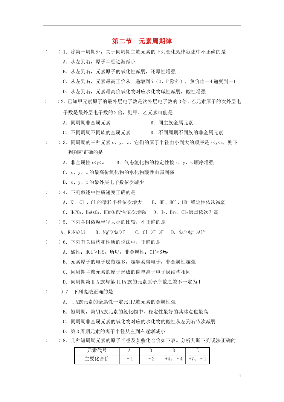 高中化学第一章物质结构元素周期律元素周期律一练习新人教必修_第1页