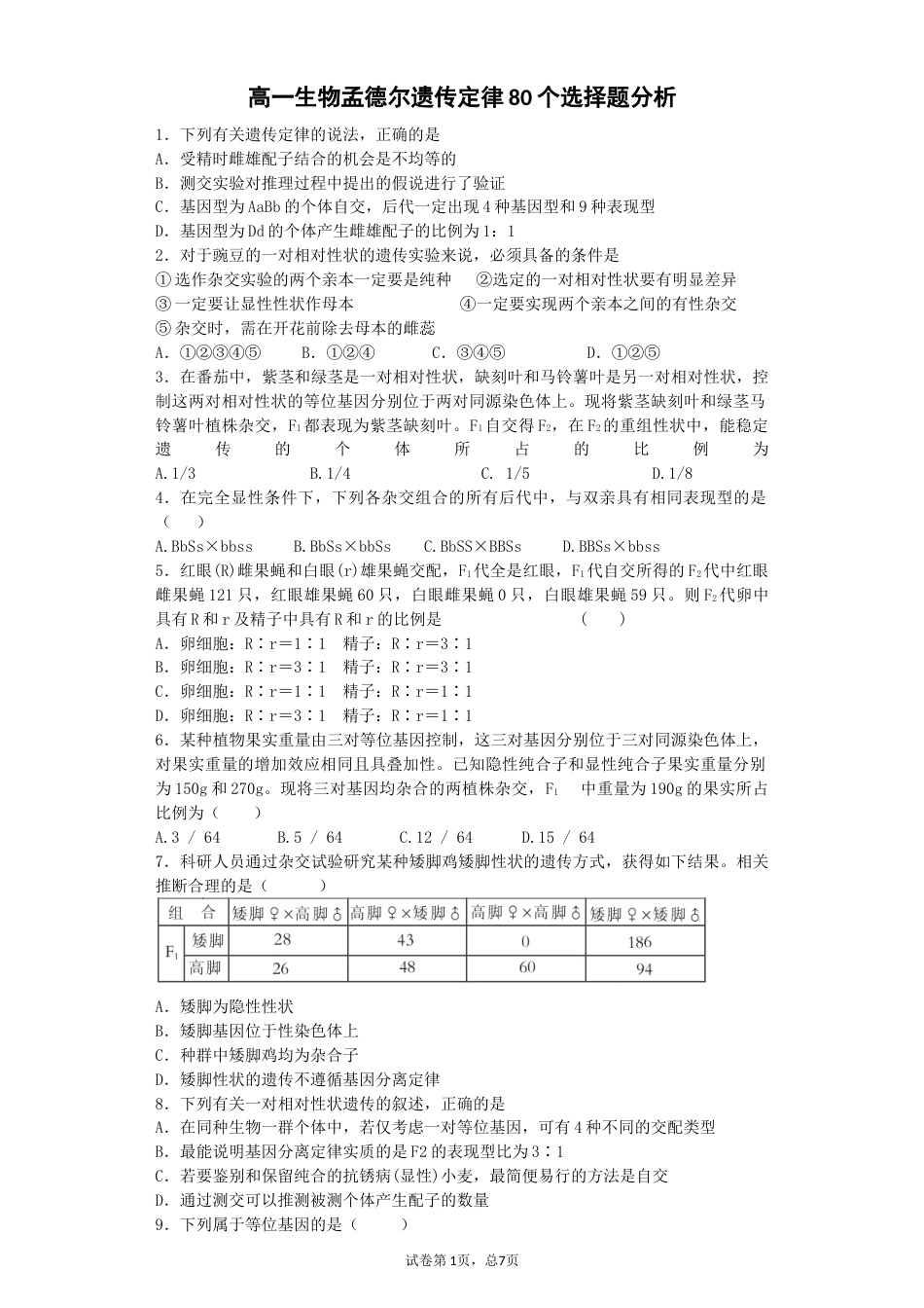 高一生物孟德尔遗传定律80个选择题分析_第1页