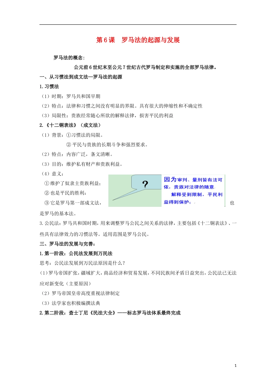 高中历史第6课罗马法的起源与发展知识点总结素材必修1_第1页