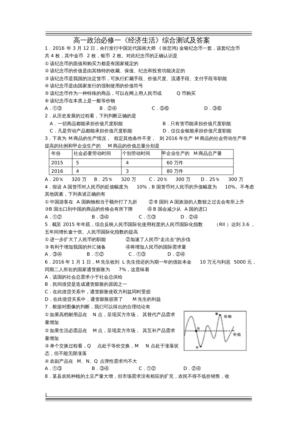 高一政治必修一《经济生活》综合测试及答案_第1页