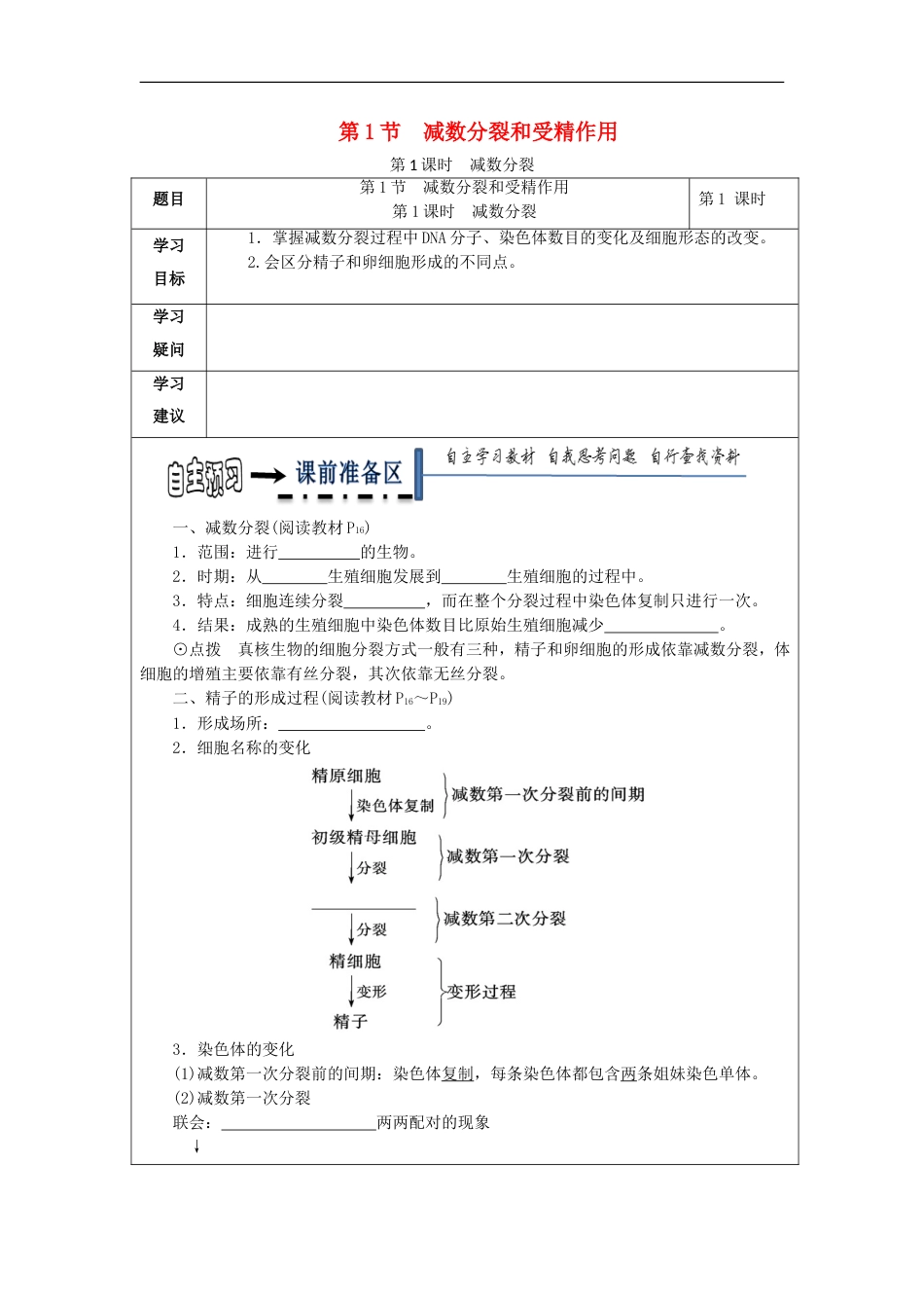 高中生物第二章基因和染色体的关系减数分裂学案新人教必修_第1页