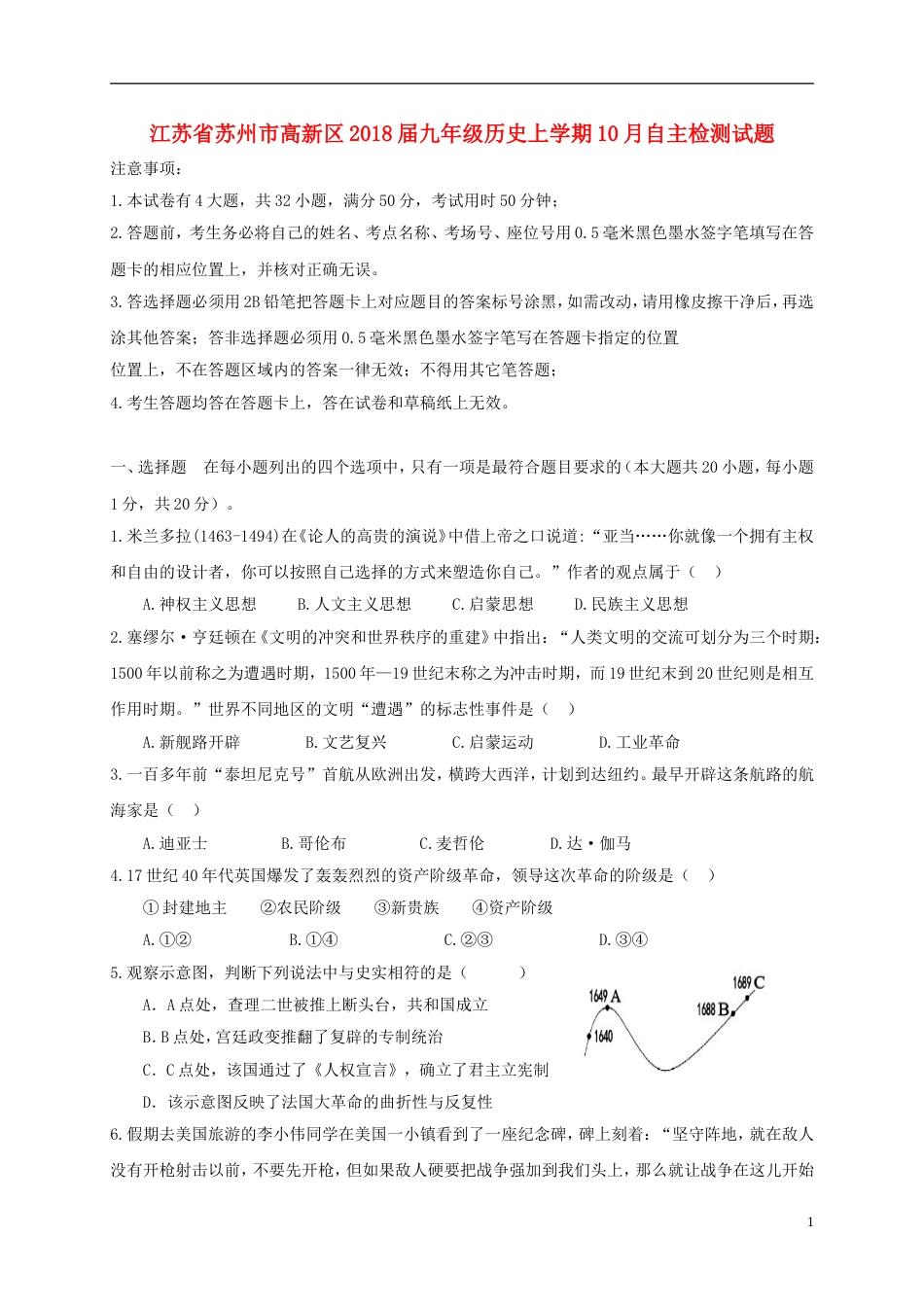 高新九年级历史上学期月自主检测试题_第1页