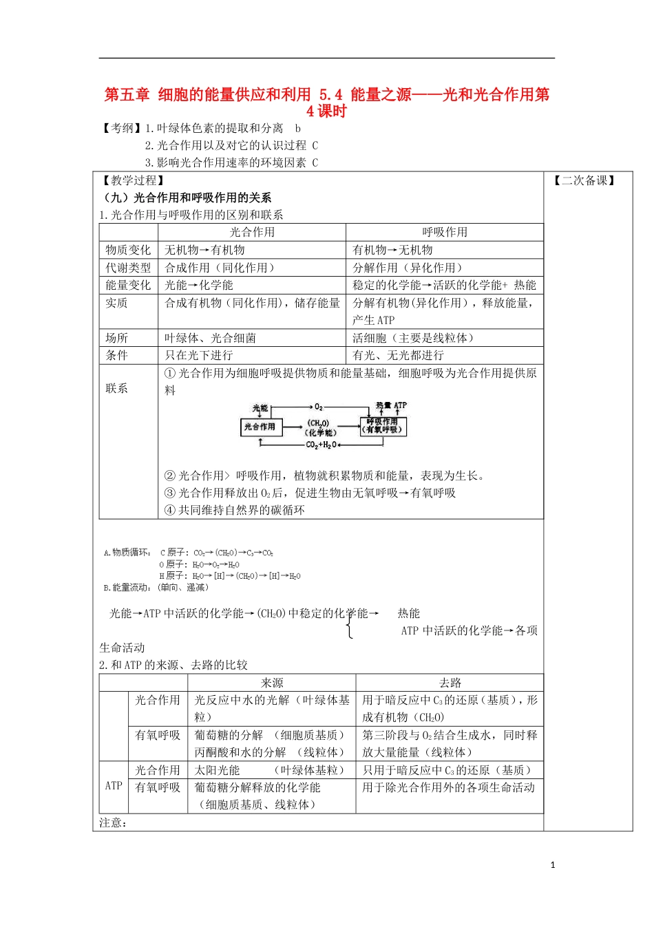 高中生物第五章细胞的能量供应和利用54能量之源光和光用第4课时教案新人教必修1_第1页