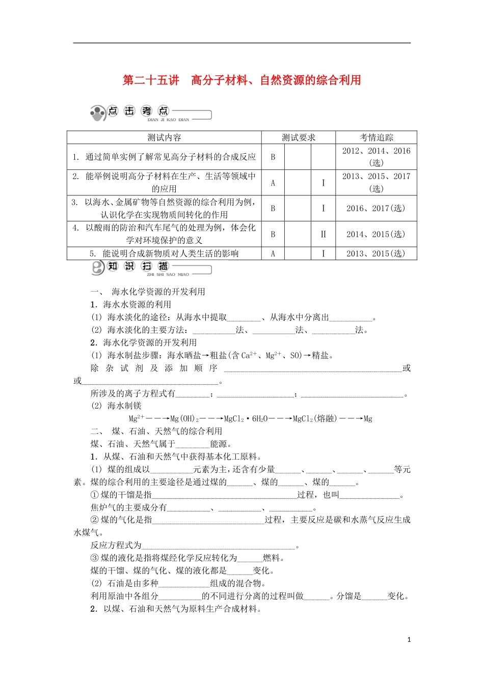 高中化学第二十五讲高分子材料自然资源的综合利用学业水平测试新人教必修_第1页